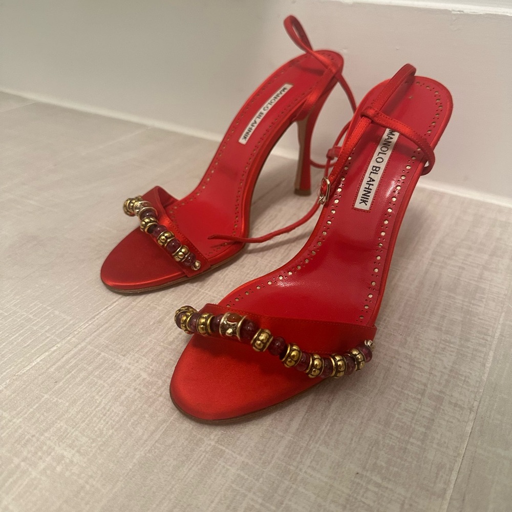 Manolo Blahnik Red Heels with Gold Beads